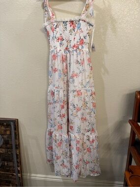 NWT. Altar'd State White Floral Smocked Sundress with Pink, Blue & Yellow Roses